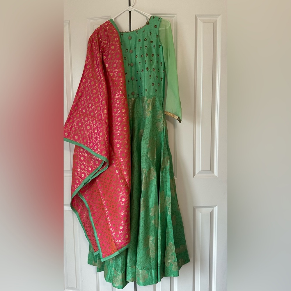Elegant Green and Pink Dress with Gold Accents